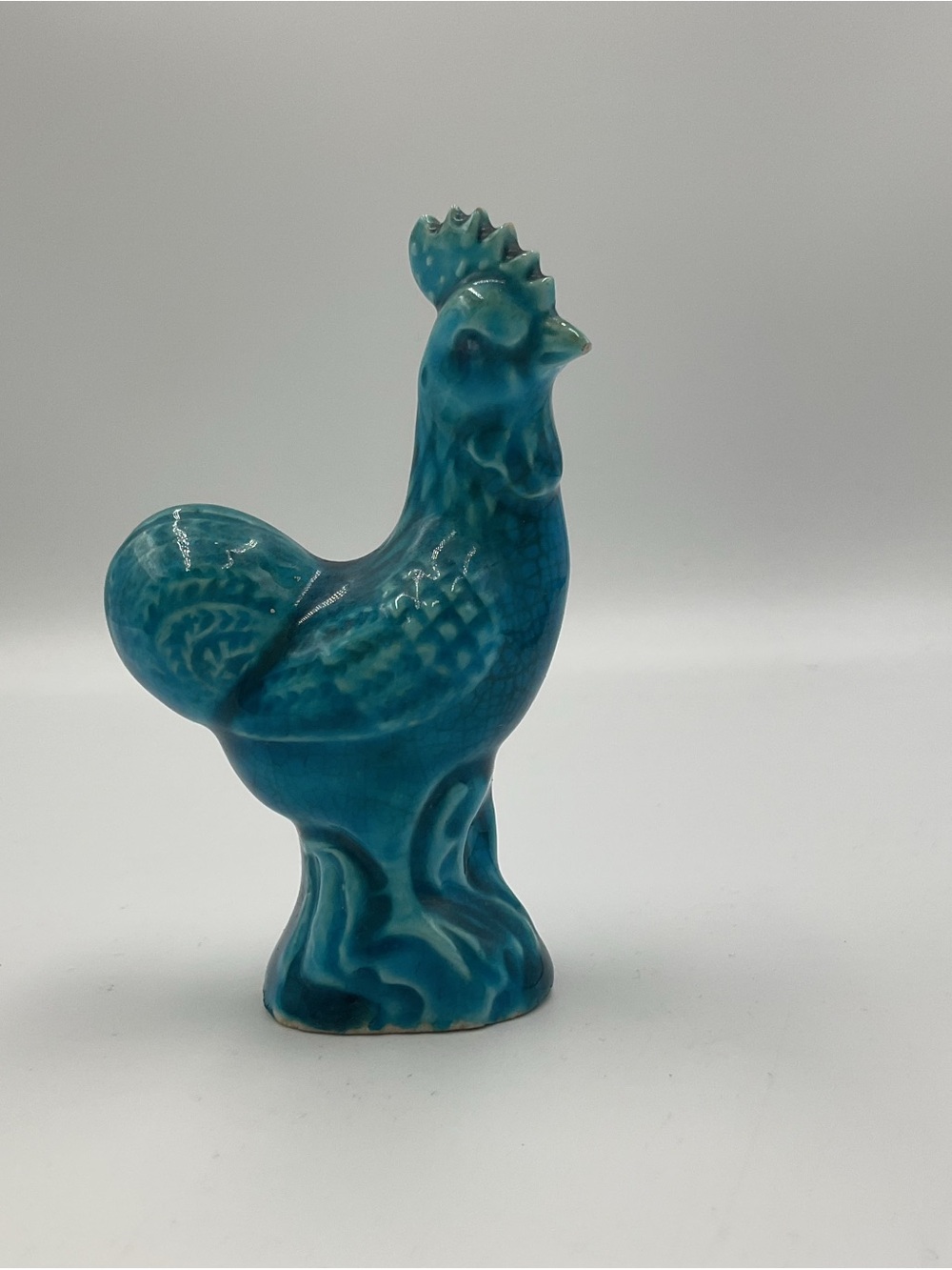 Antique Chinese Rooster Figurine Ceramic Chicken Blue Chinoiserie Glazed Pottery